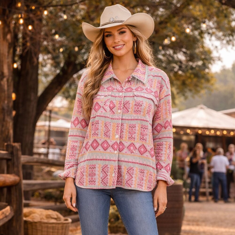 SAVANNA JANE Rhinestone Tassels Aztec Inspired Print Corduroy Jacket NEW IN PACK
